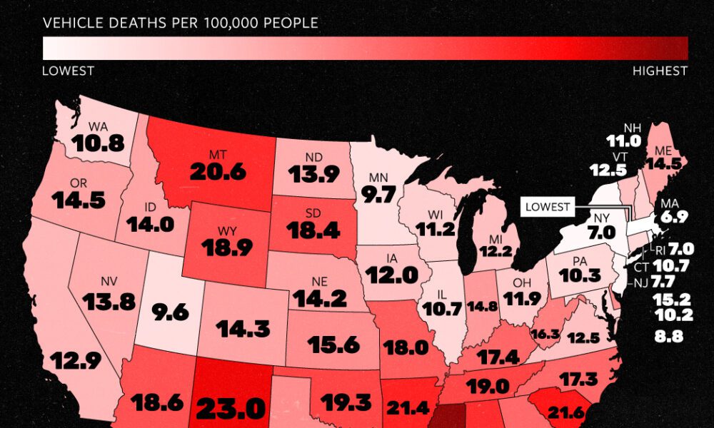 ממופה: מקרי מוות מכלי רכב לנפש, לפי מדינת ארה"ב